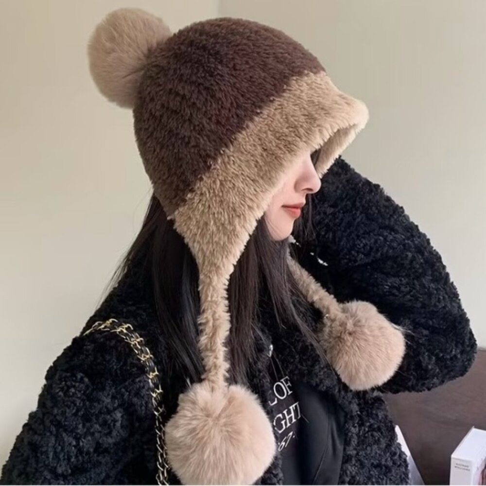 Two-Tone Faux Fur Hat with Pom Poms